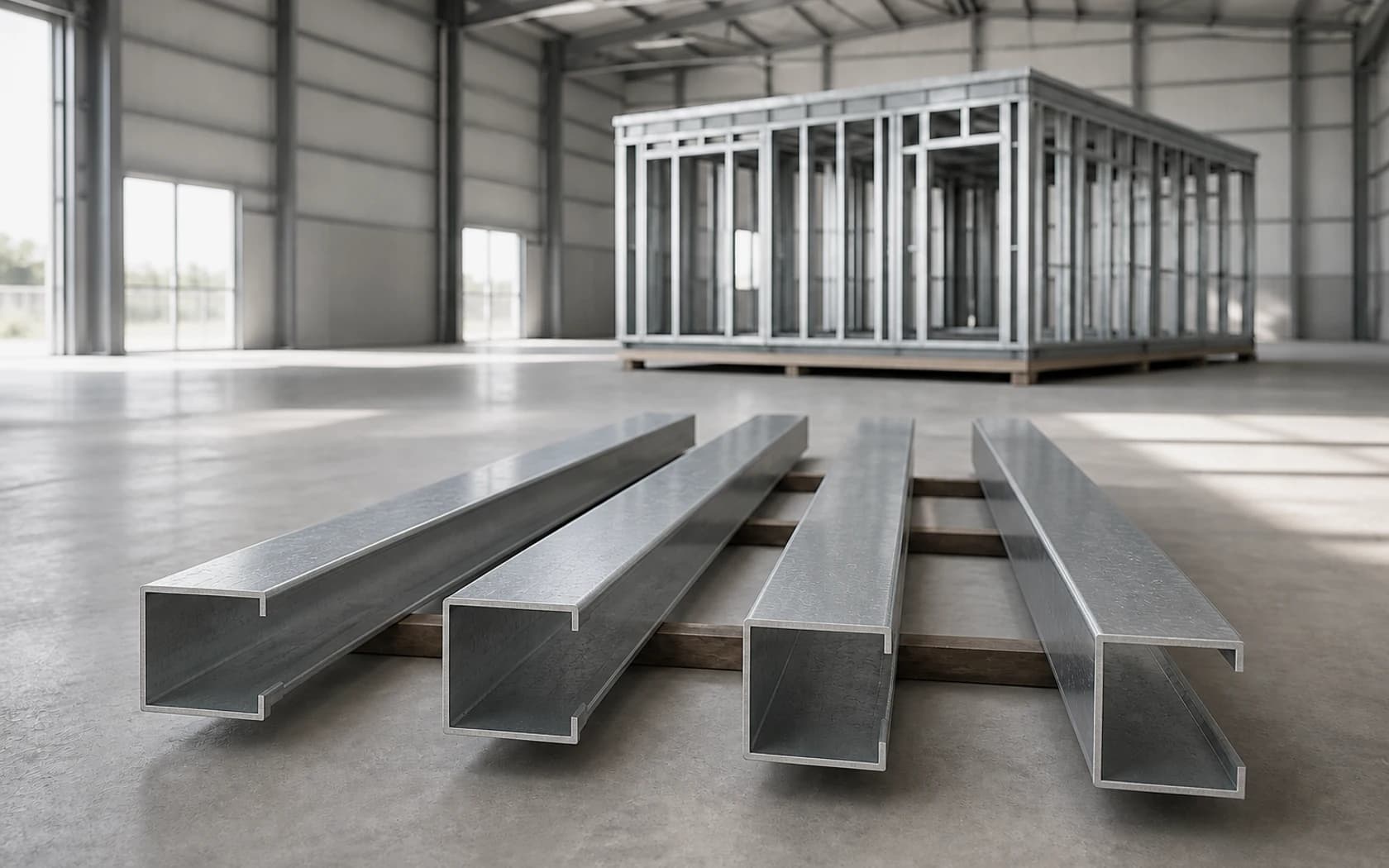 Long lipped C-section steel channels arranged beside a modular framing reference