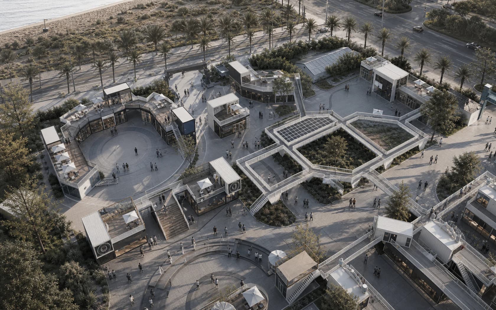 Concept aerial showing individual container units, small clusters and a complete commercial district