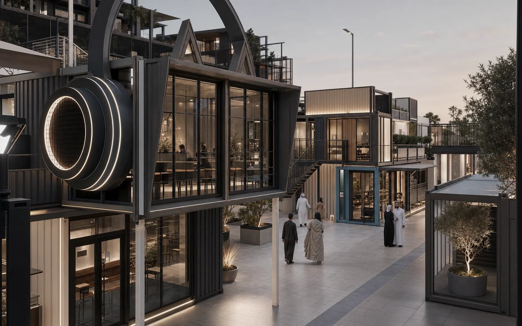 Concept commercial node showing container storefronts, upper terraces and visitor circulation