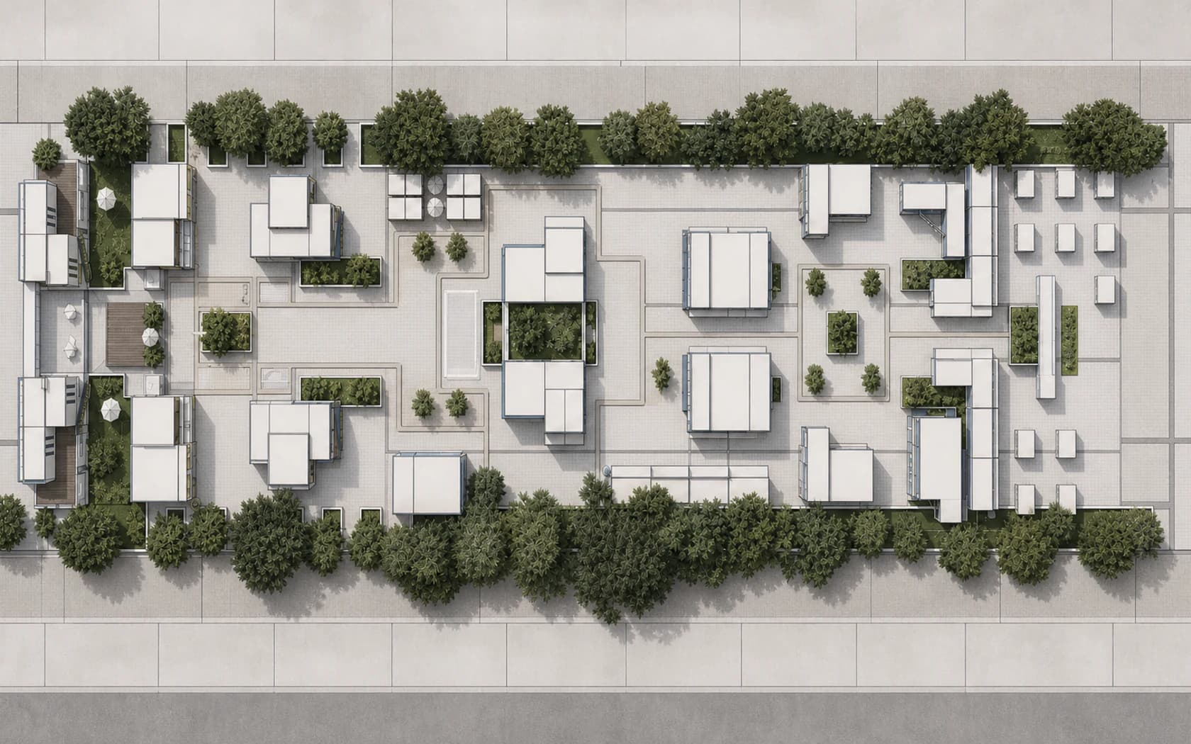 Concept plan illustrating modular clusters, public spaces and circulation relationships