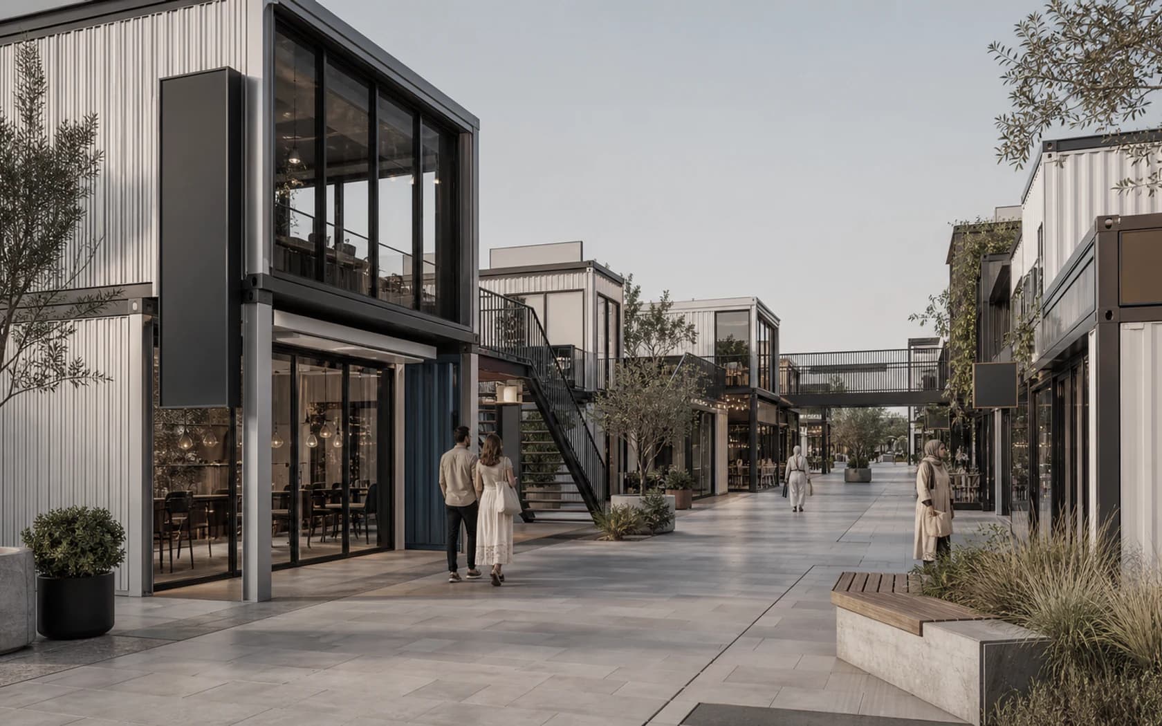 Concept street view showing container retail units connected by stairs, terraces and public space