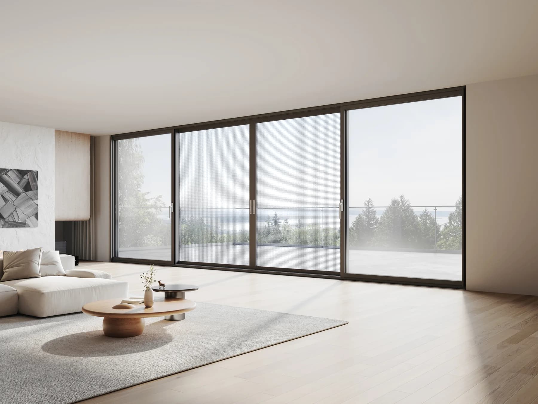 Three-track sliding door in a living space — customer-supplied rendering