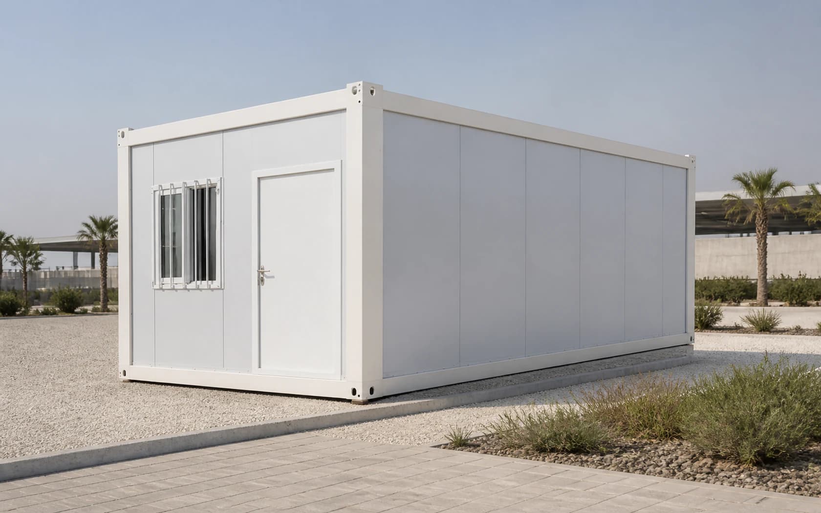 Reference-locked white flat-pack container installed in a restrained GCC project setting