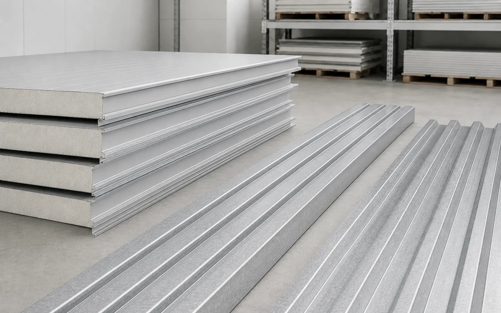 Generated reference preview of composite wall panels, galvanized C-section steel and profiled roofing sheets