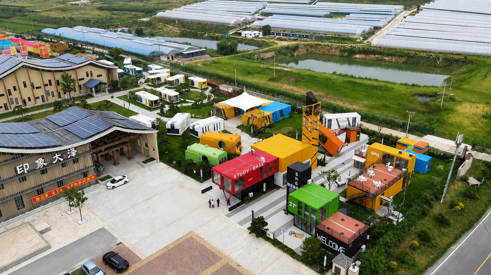 Photo-based enhanced aerial view of a colourful container visitor park