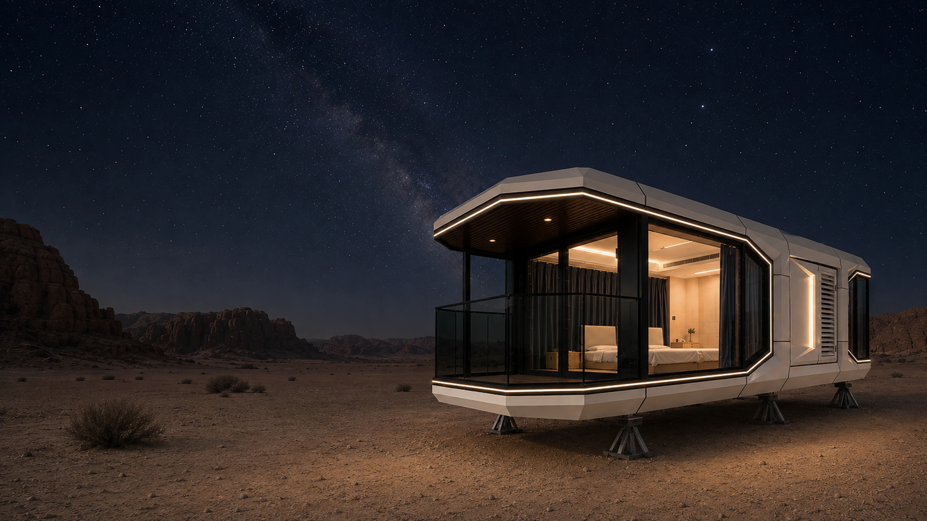 Domus D7 cabin with warm interior lighting in a Saudi desert at night